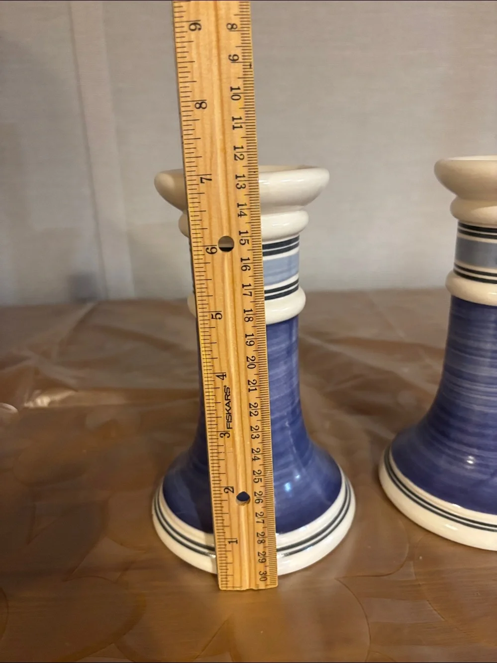 set of two vintage Pfaltzgraff Rio candle holders with a blue and white strips
